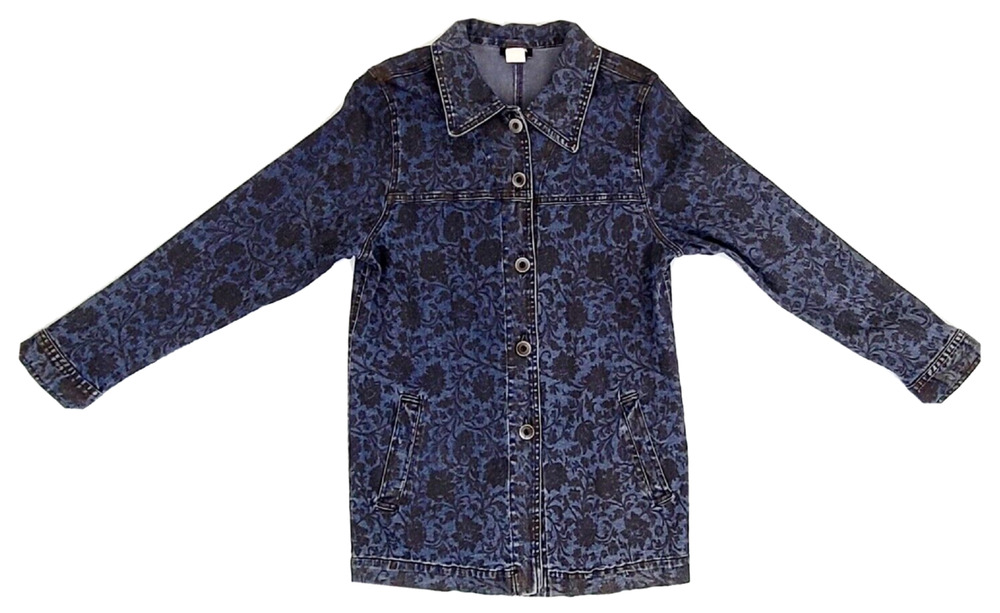 NADIA Blue Jean Jacket With Black Floral Design Button Up Size Large Made in USA